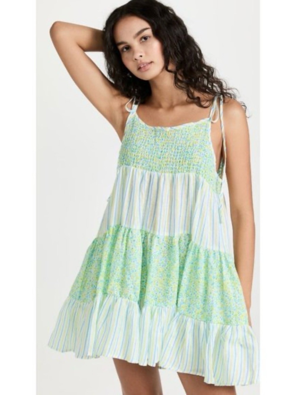 SOLID & STRIPED Parker Green White Blue Floral and Stripe Tiered Mini Dress